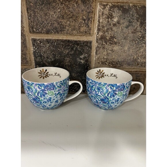 Lilly Pulitzer Mugs Set 2 Blue Floral Gold White Porcelain Coffee/Tea Cups 12 oz - Picture 3 of 8